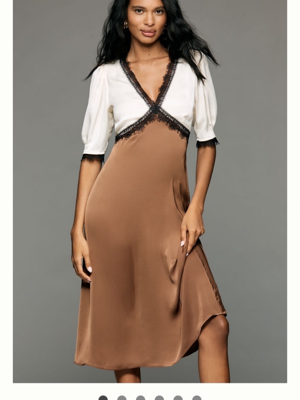 By Anthropologie V-Neck Lace Trim Midi Dress LP